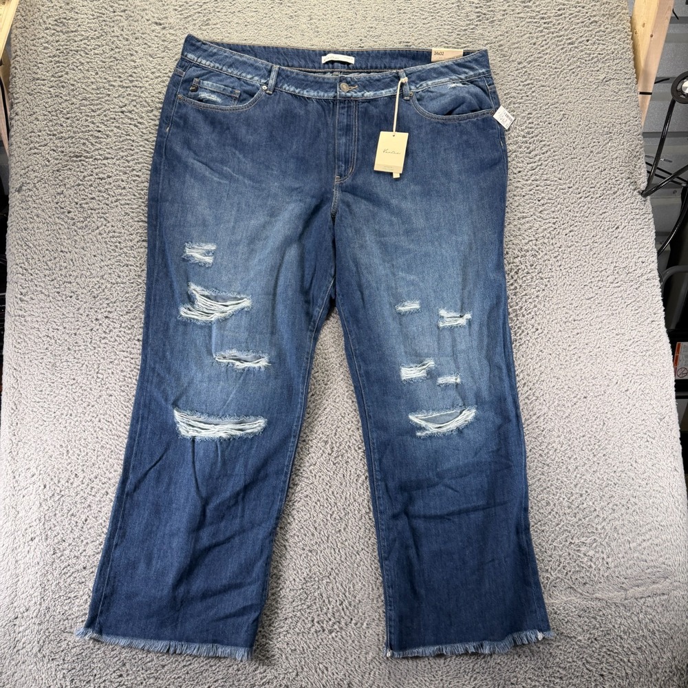 KanCan Dark Drape Ripped Jeans Womens 24(48x32) Blue Cotton Denim Wide-Leg Faded